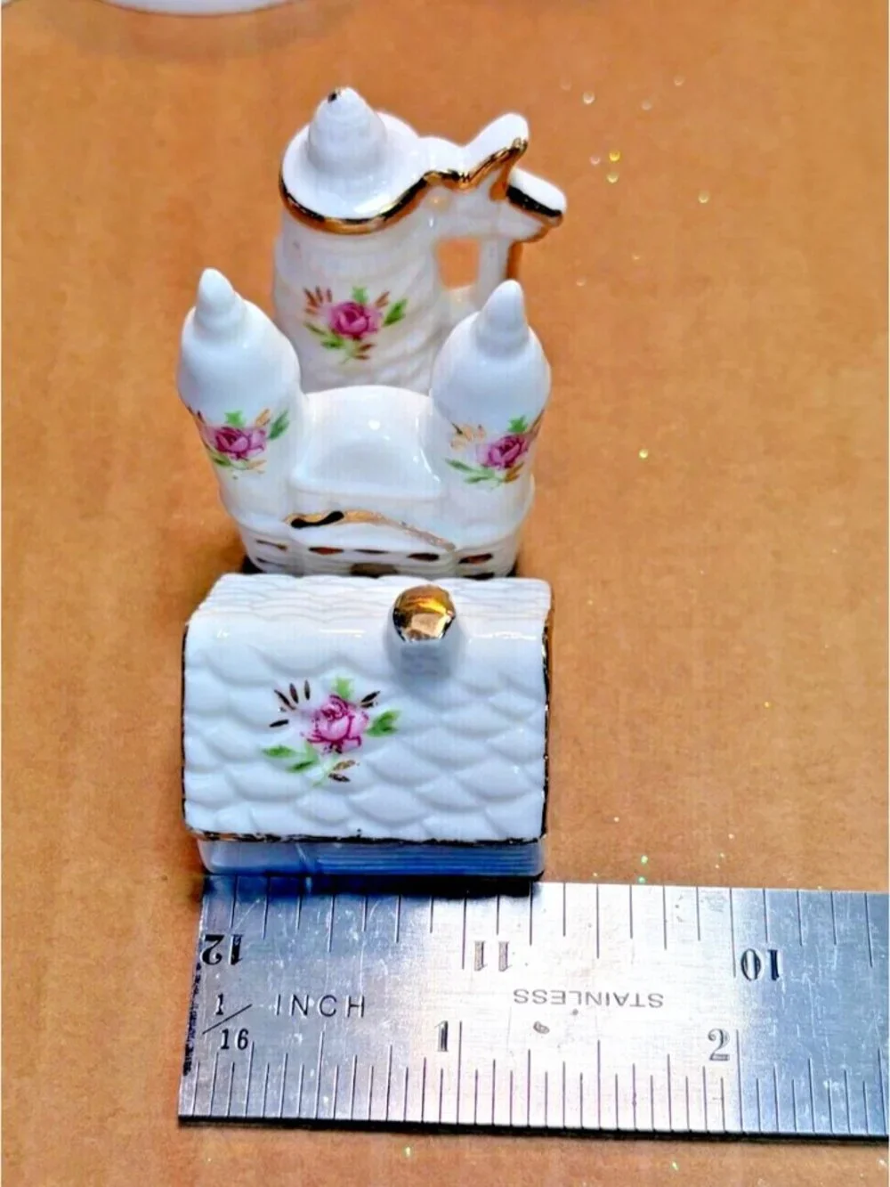 9pc White Ceramic Miniatures Set Pink Rose Accents & Gold Trim U69a